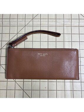 Kate Spade New York Brown Leather Wristlet Clutch With Polka Dot Lining Zip Clos